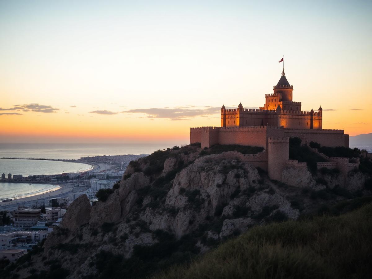 Santa Bárbara castle above the city at dusk.