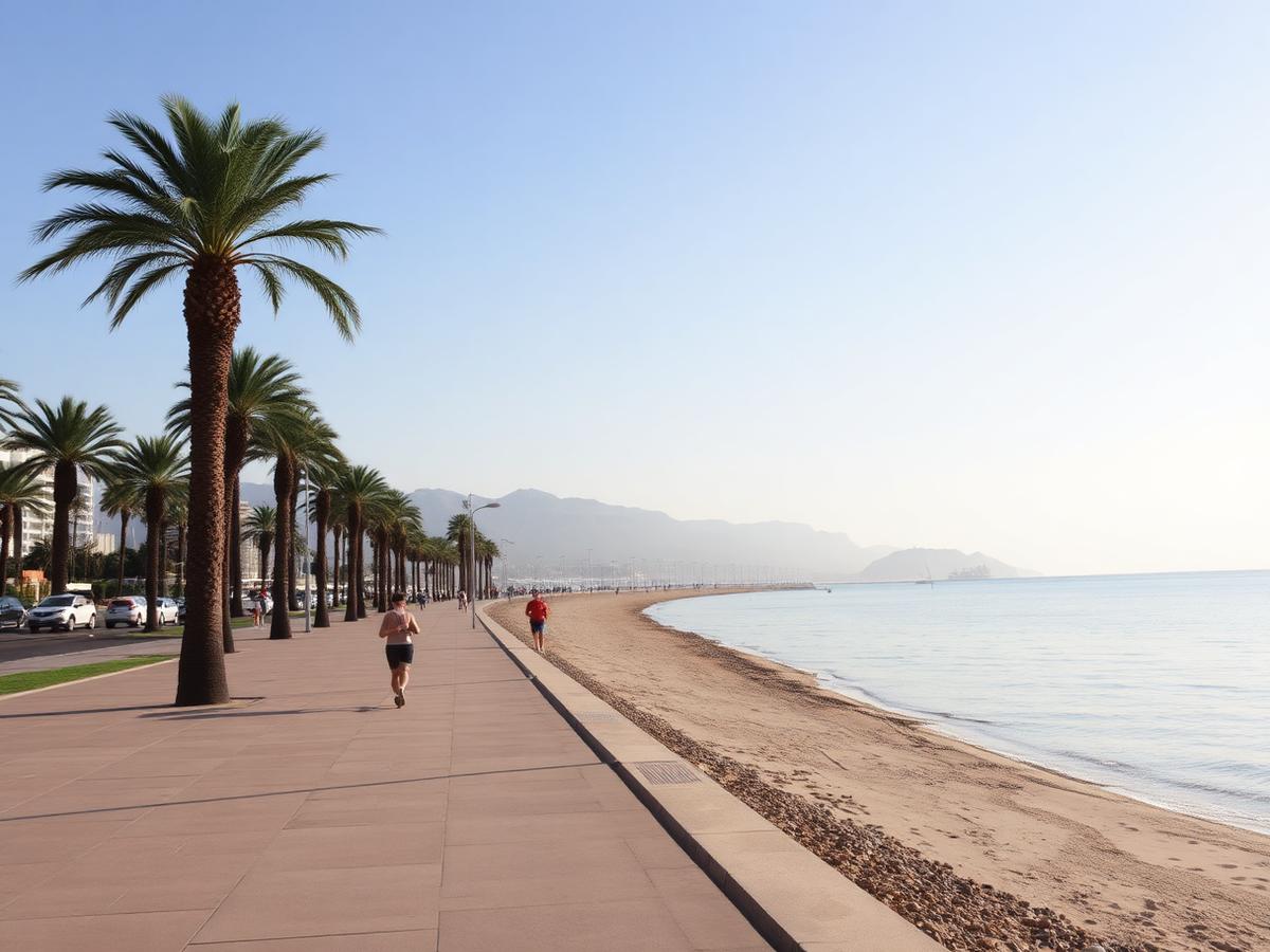 Postiguet beach promenade — palms and Mediterranean.
