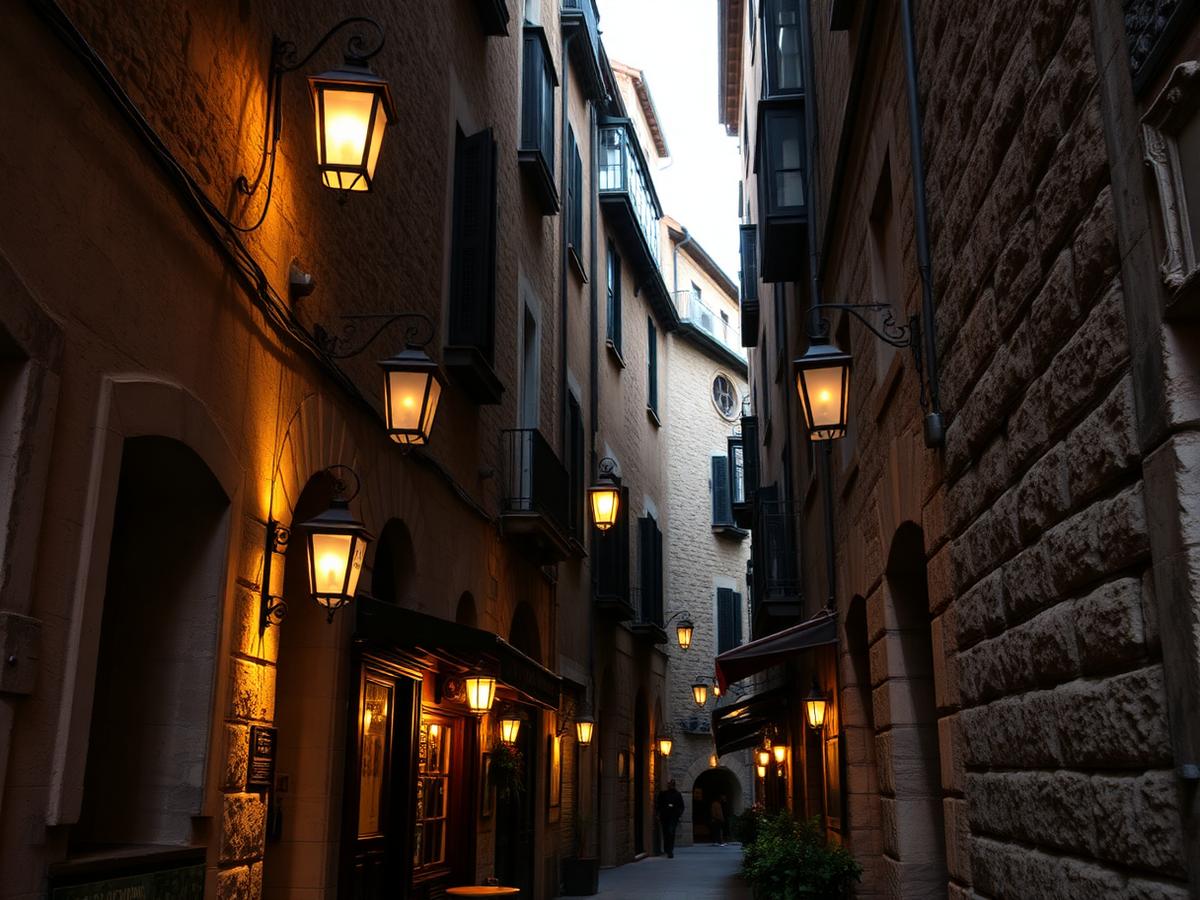 Lantern-lit alley in the Gothic Quarter.