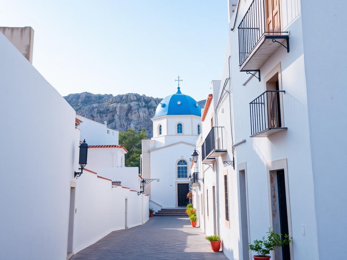 Casco antiguo — blue-domed church and white lanes.