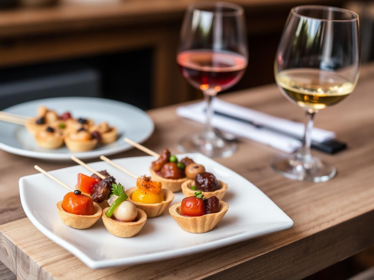 Pintxos plate with a glass of Basque txakoli.