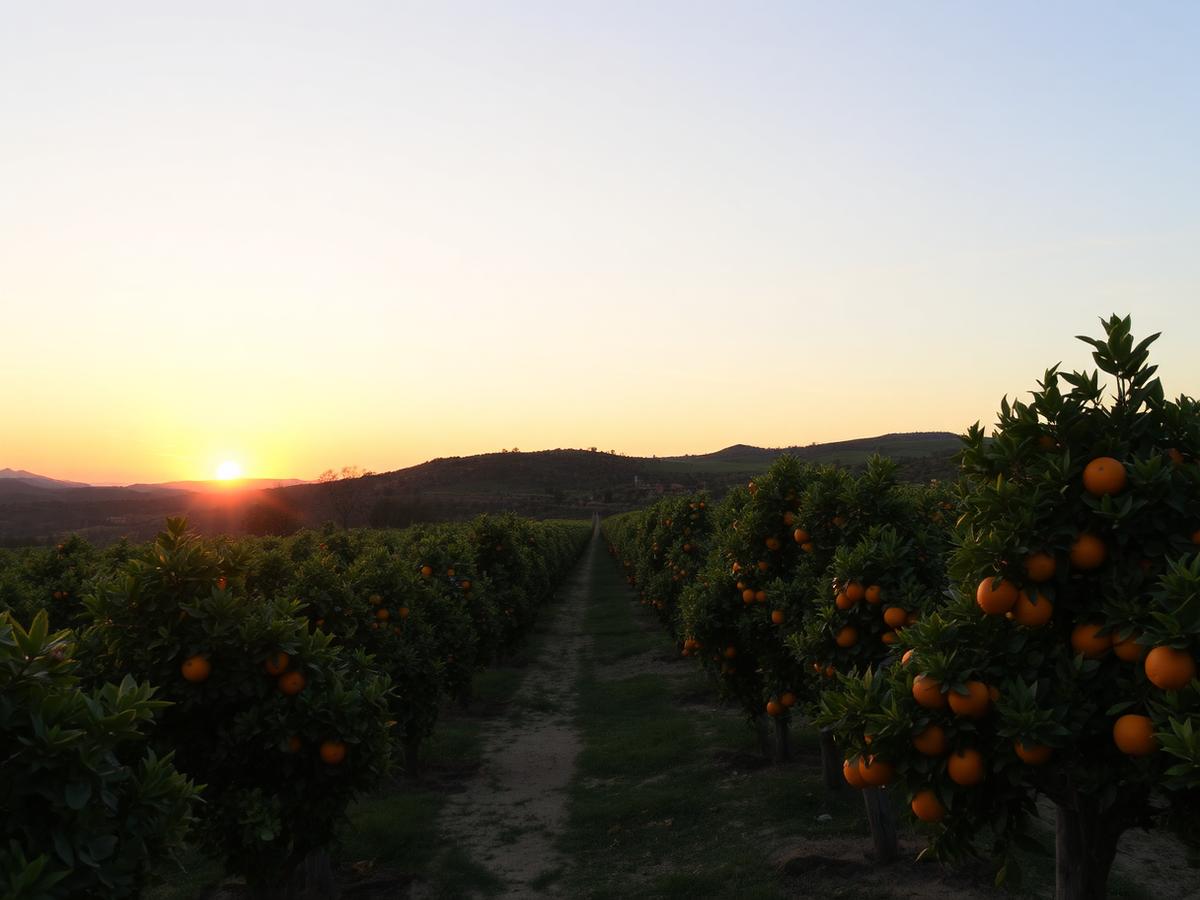Orange groves of the Valencian hinterland at sunset.