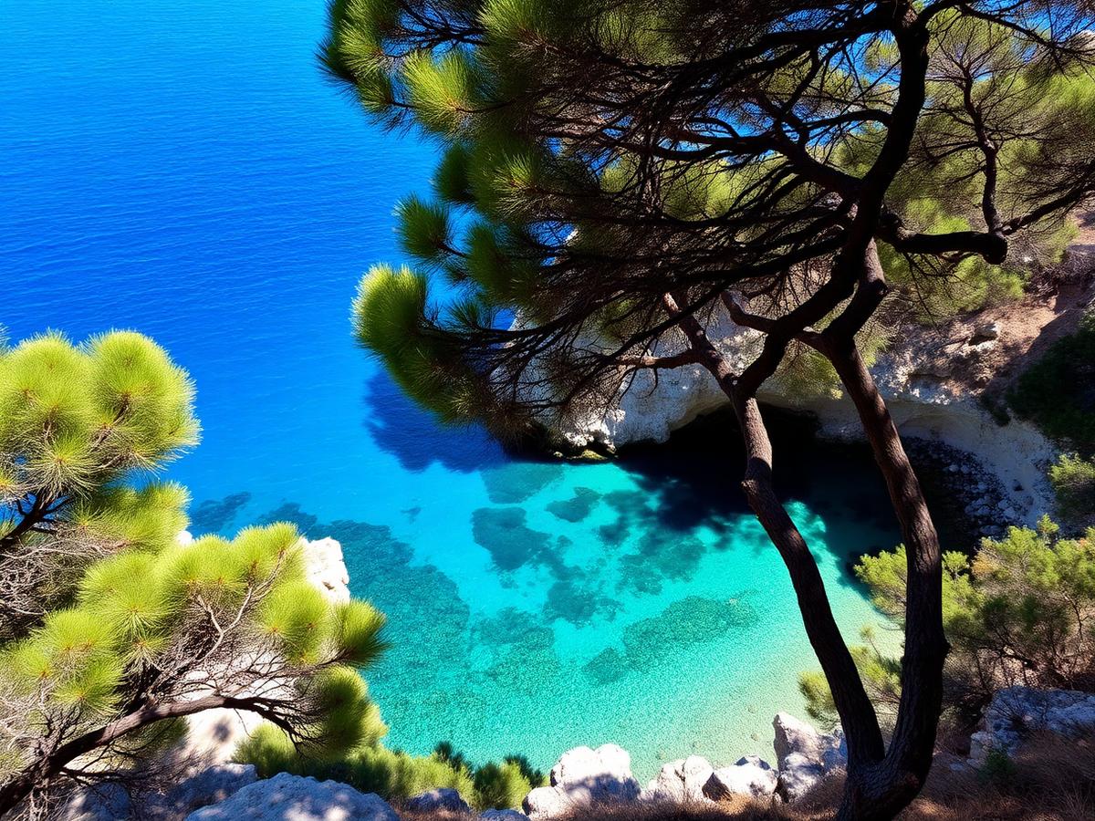 Hidden Costa Brava cala with pine trees and clear water.
