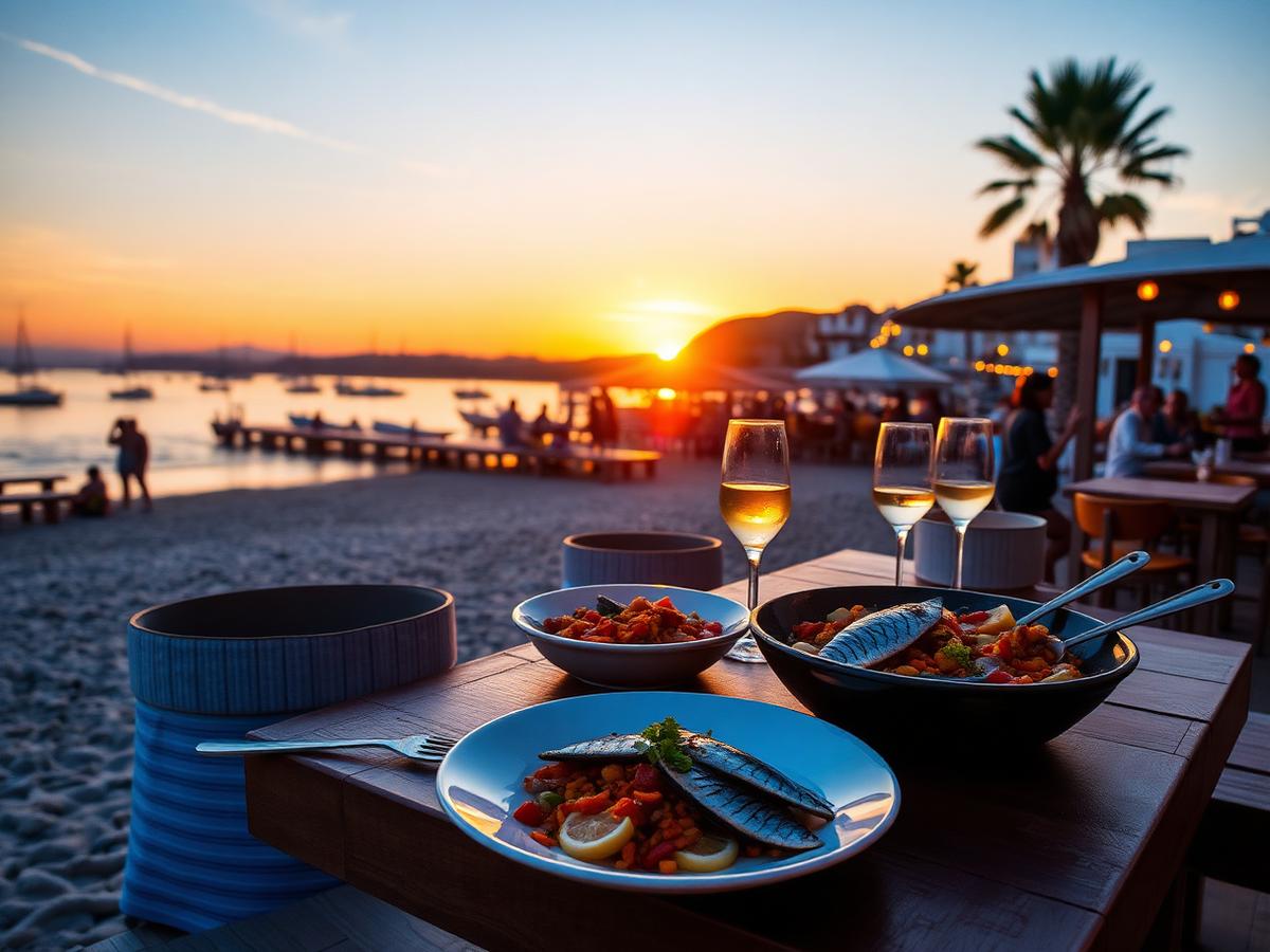 Beach chiringuito with sardine espeto at sunset.