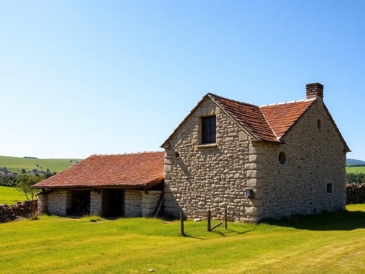 Traditional Galician hórreo in the green countryside.