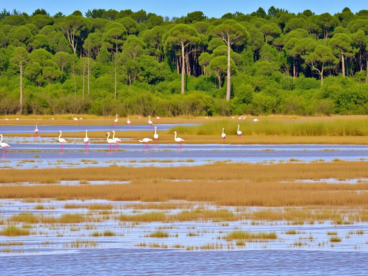 Doñana wetlands — flamingos and umbrella pines.