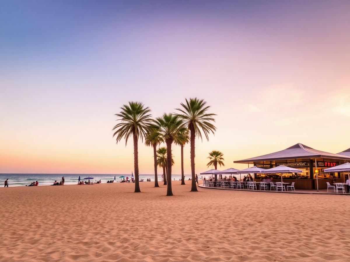 Malagueta beach and chiringuito at golden hour.