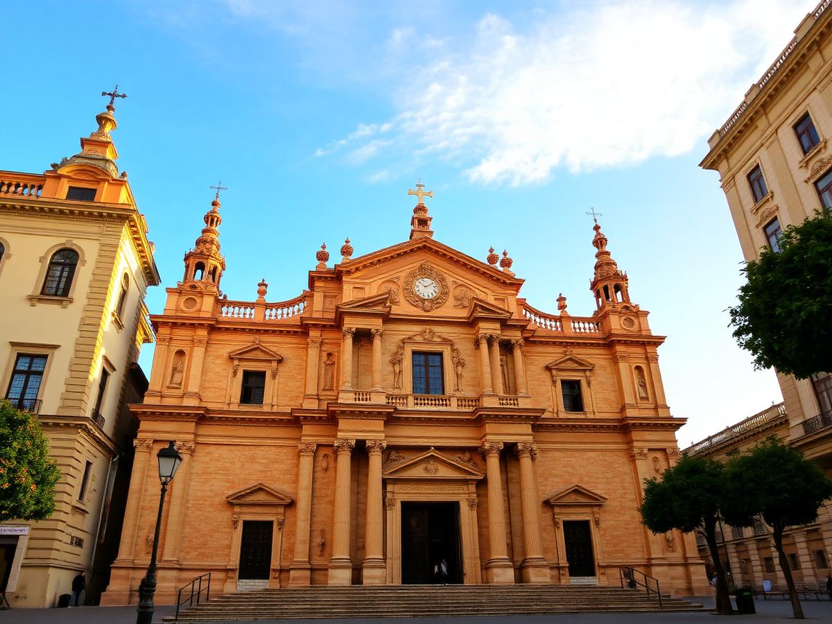 Murcia Cathedral's Baroque façade at golden hour.