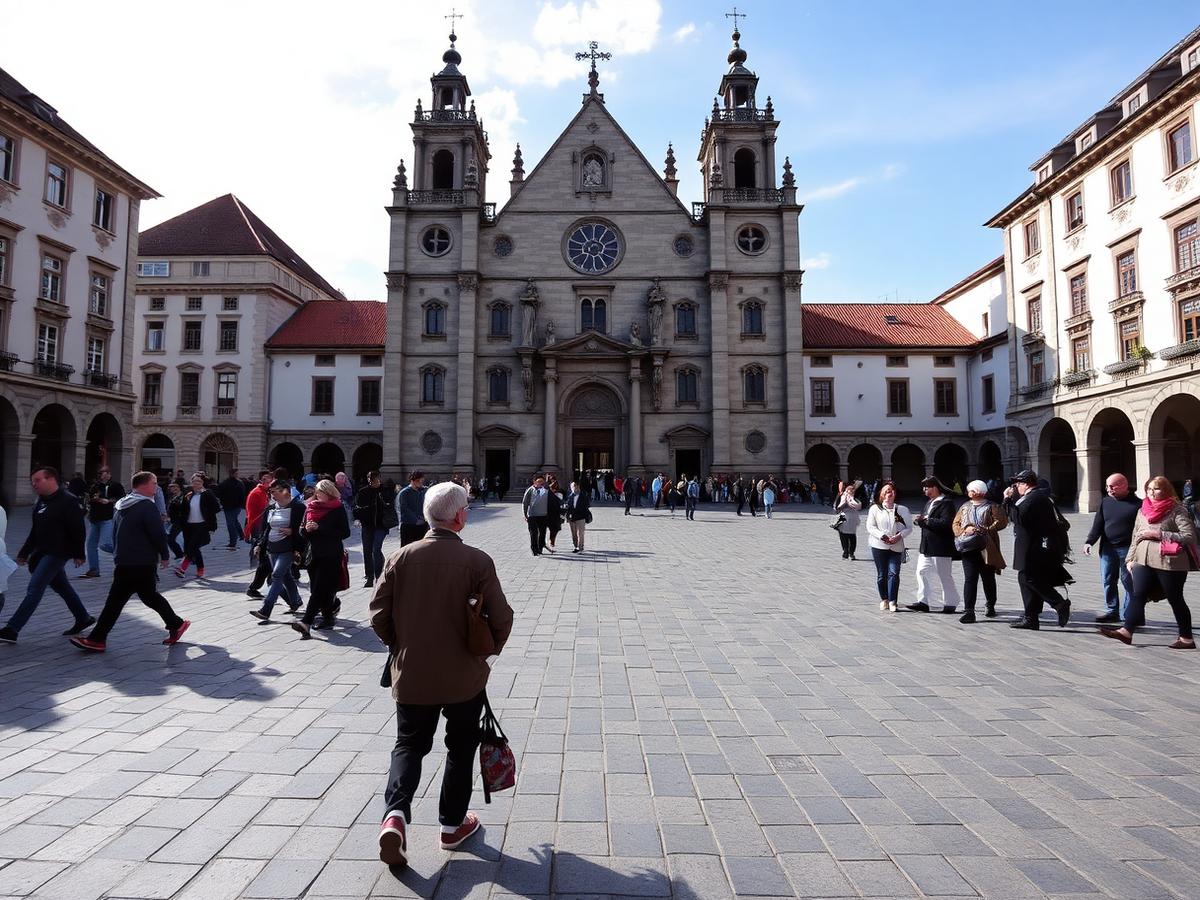 Pilgrims arriving on Plaza del Obradoiro.