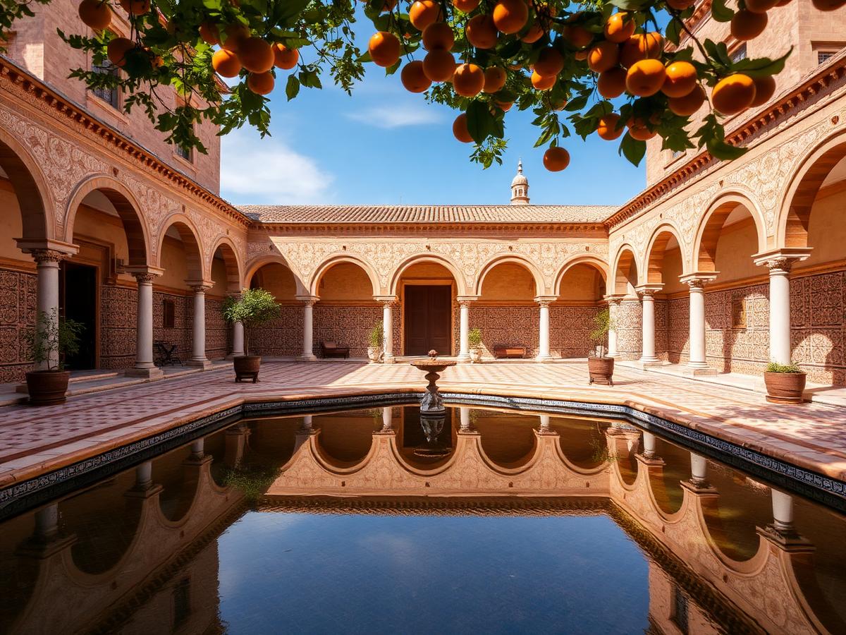 Alcázar tilework courtyard and reflecting pool.