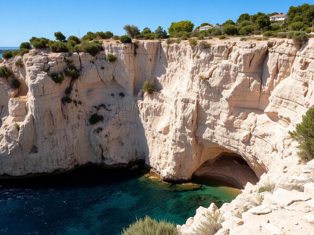 Limestone cliffs and hidden coves of Menorca.