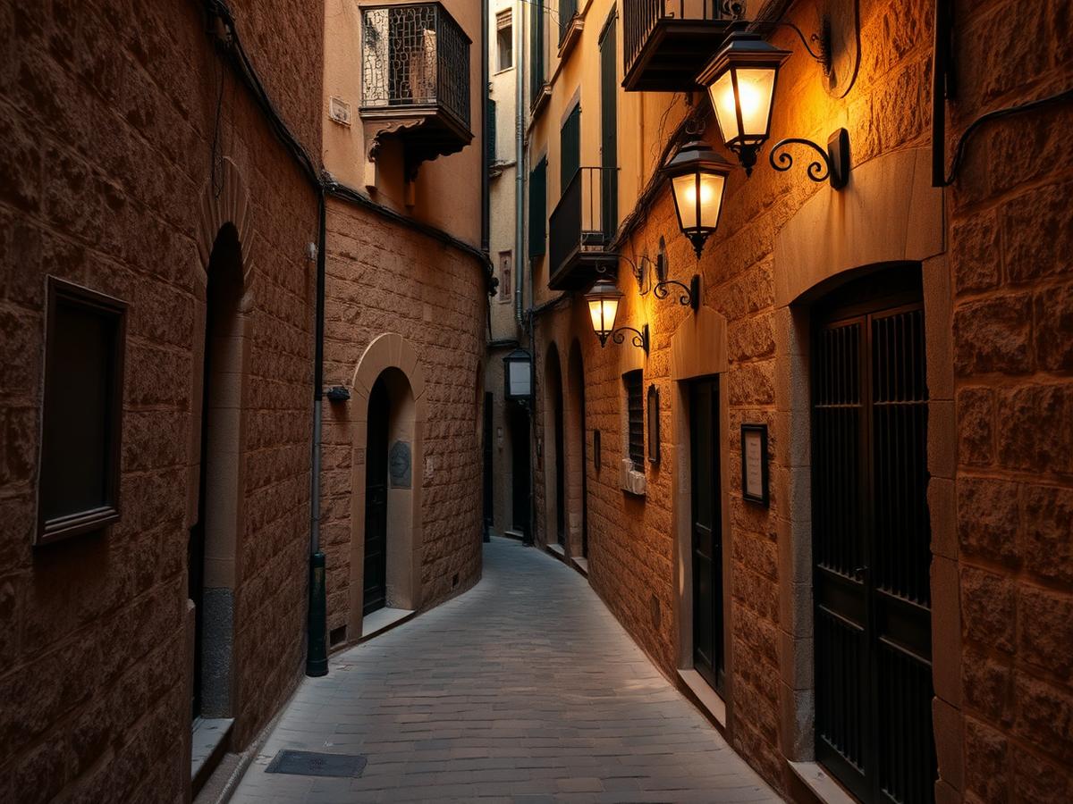 Lantern-lit alley in the old Jewish Quarter.