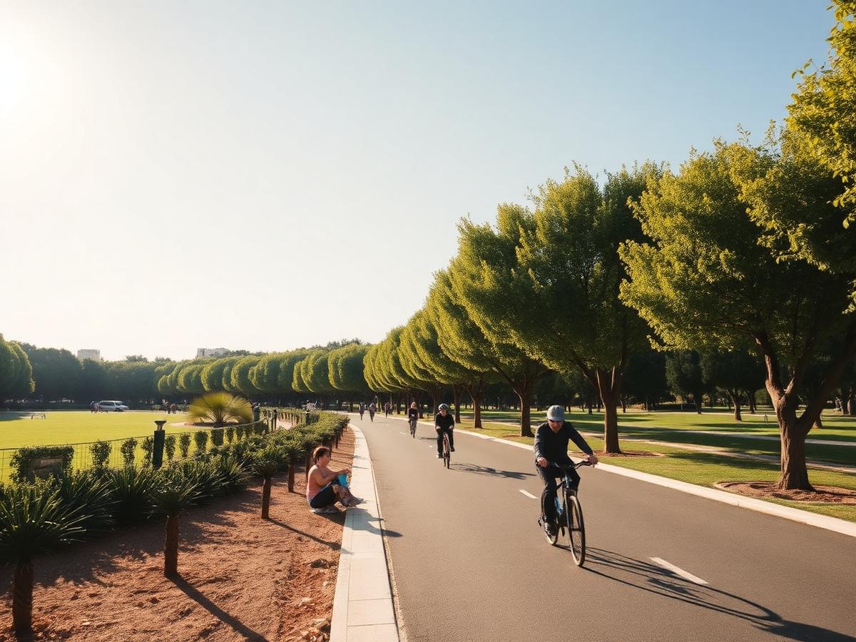 Cyclists in Turia Gardens — the former riverbed park.