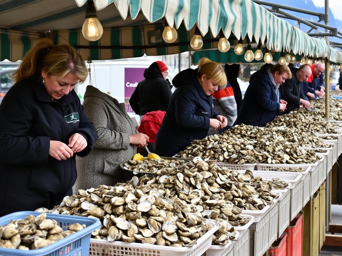 Rúa Pescadería — the oyster stalls of Vigo.