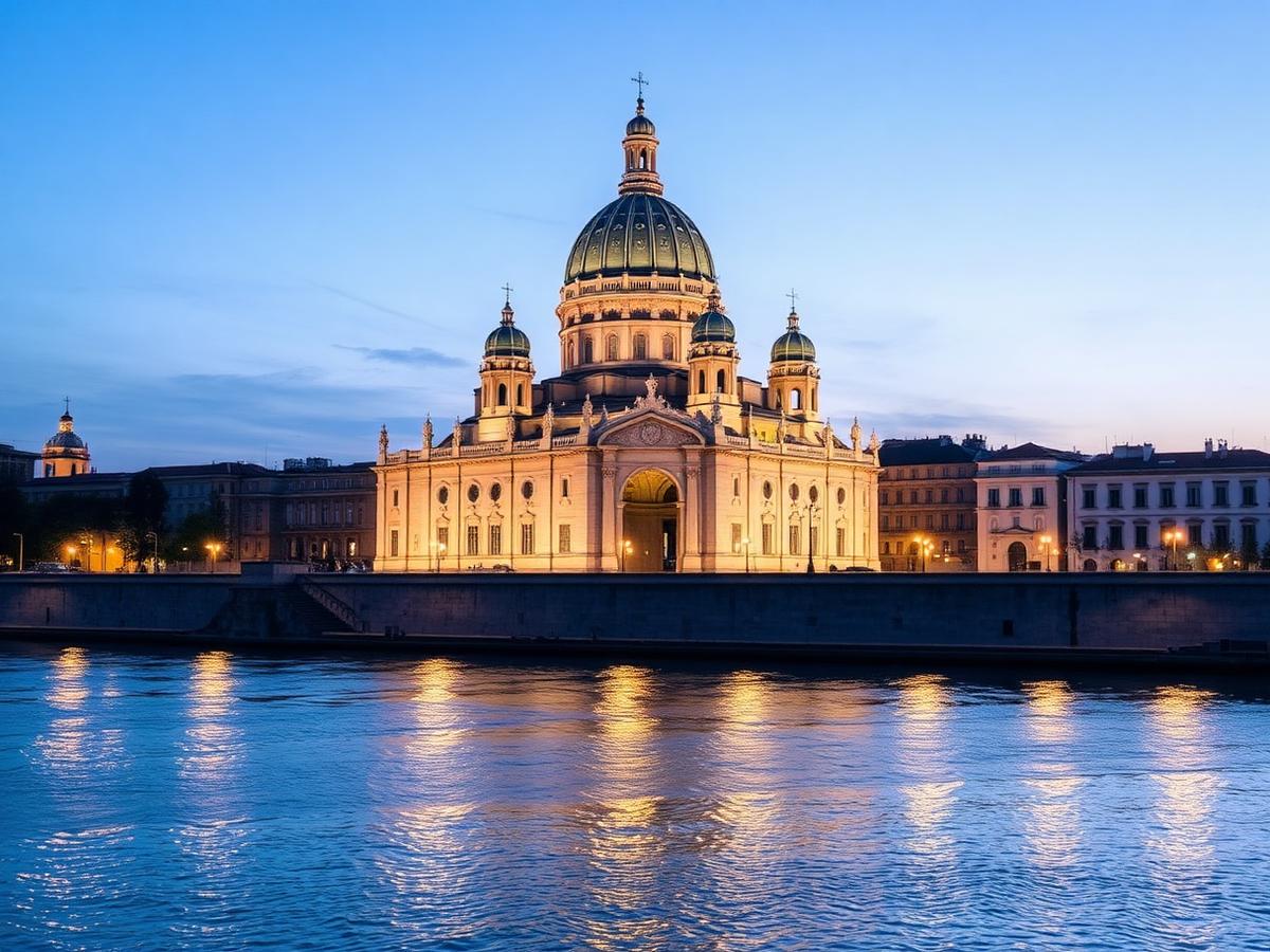 Basilica del Pilar at blue hour on the Ebro.